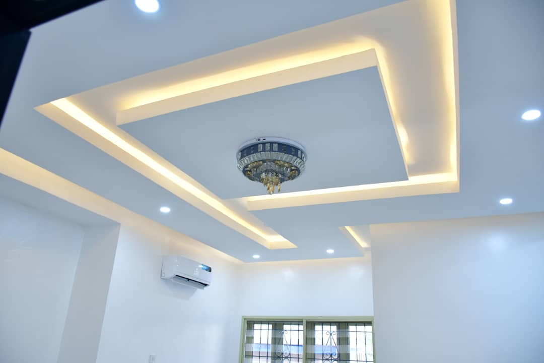 Geometric Tray Ceiling with Chandelier